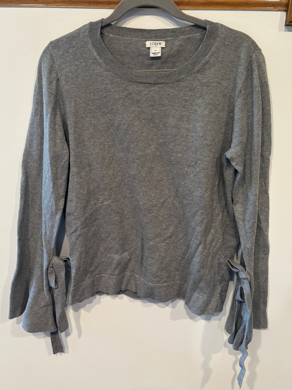 J. Crew 100% Cotton Gray Crewneck Sweater with Tie Sleeve Detail - Medium